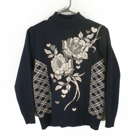 Vintage Sweaters - Vintage Rose Floral Dark Navy Knit Pullover Sweater Top